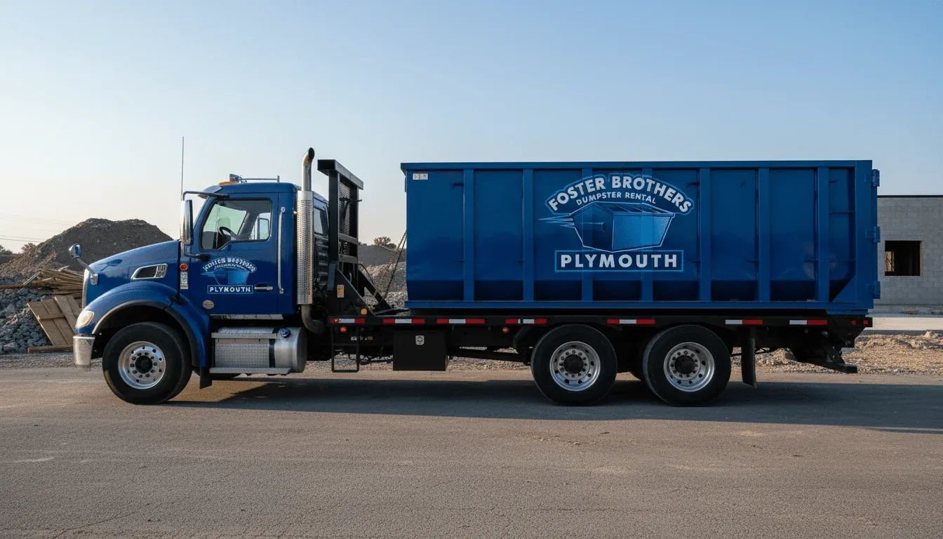 Dumpster rental in Plymouth, MA Foster Brothers Dumpster Rental roll-off dumpster being delivered to a Plymouth, Massachusetts driveway